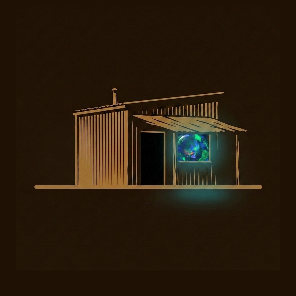 Opal Shanty: a tin shed with one window lit by an opal